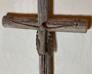 Artist Made Cross Crucifix Saguaro/Cactus Wren Feathers/Cholla 10x6in