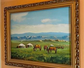 *Original* Art Horses on Prairie Mongolian Yurt 15x19in