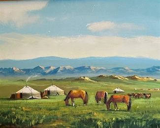 *Original* Art Horses on Prairie Mongolian Yurt 15x19in