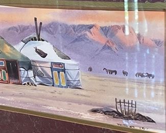 *Original* Art Mongolian Yurts Mountains Painting 13x21in