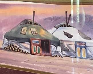 *Original* Art Mongolian Yurts Mountains Painting 13x21in