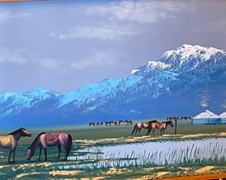 *Original* Art Snow Capped Mountains Mongolian Yurt Village 15x22