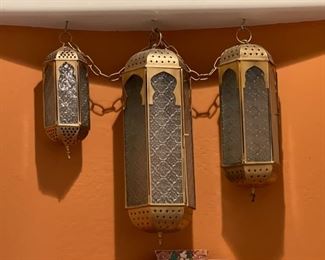 3pc Tin & Glass Hanging Candle Lanterns Largest: 17in Long