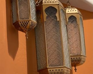 3pc Tin & Glass Hanging Candle Lanterns Largest: 17in Long