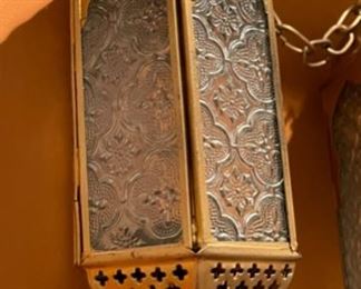 3pc Tin & Glass Hanging Candle Lanterns Largest: 17in Long