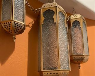 3pc Tin & Glass Hanging Candle Lanterns Largest: 17in Long
