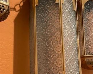 3pc Tin & Glass Hanging Candle Lanterns Largest: 17in Long