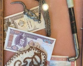Mongolian Shadow Box Smoking Pipe Coin Currency 16x13in