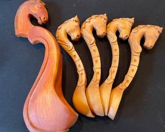 5pc Mongolian Ceremonial Carved Wood Spoons Horse Head Hand Carved Lg: 10in