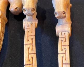 5pc Mongolian Ceremonial Carved Wood Spoons Horse Head Hand Carved Lg: 10in