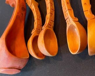 5pc Mongolian Ceremonial Carved Wood Spoons Horse Head Hand Carved Lg: 10in