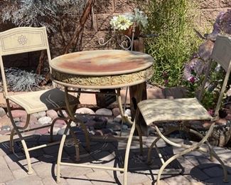 Vintage Punched Metal Folding Bistro Set Table 2 Chairs 29x26