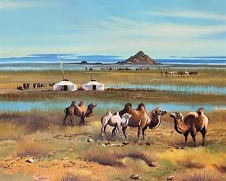 *Original* Art Russian Camel Painting	Frame: 25x30x2.5in	HxWxD
