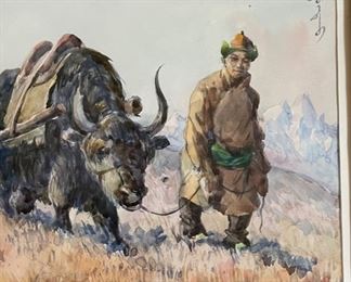 *Original* Art Watercolor Nomadic Mongol Man Painting	Frame: 14.5x17.5in	
