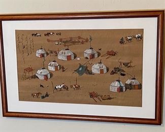 *Original* Art Mongolian Yurt Village Painting	Frame: 14x21in	
