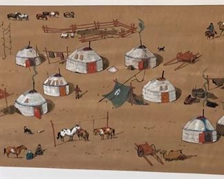 *Original* Art Mongolian Yurt Village Painting	Frame: 14x21in	
