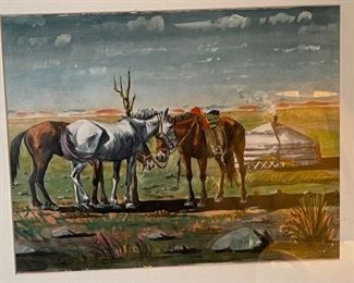 *Original* Art Camel Horses Dog Watercolor Painting	Frame: 18x22in	
