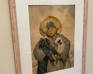*Original* Art Boy with Goats Watercolor Painting	Frame: 22x17.5in	
