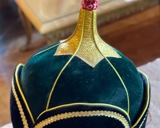 Mongolian Traditional Hat green Gold   Headdress  #7 Sz L	9x7.5x8in	HxWxD
