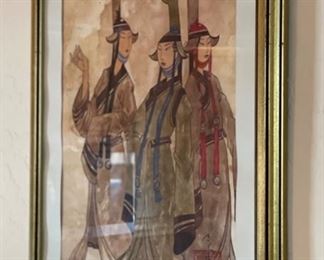 *Original* Art Mongolian 3 Women Watercolor Painting	Frame: 17x14in	
