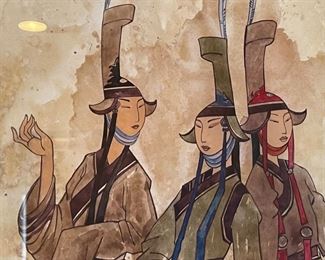 *Original* Art Mongolian 3 Women Watercolor Painting	Frame: 17x14in	
