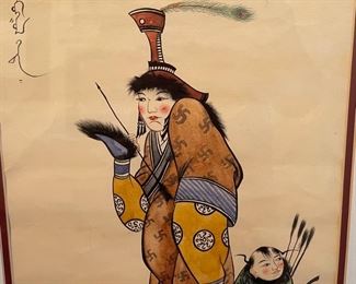 *Original* Art Mongolian Woman and Hunter Painting	Frame:22x18in	
