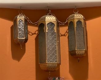 3pc Tin & Glass Hanging Candle Lanterns	Largest: 17in Long	
