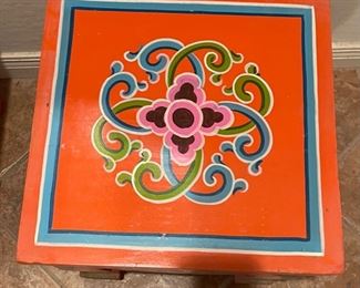 Orange hand Painted Accent Table Sm	15x14.75x14.75in	HxWxD
