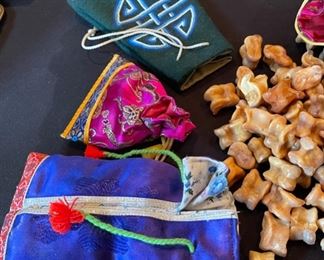 4 Bags Huge Lot of Mongolian Shagai Ankle Bones in Silk Pouch Game pieces		
