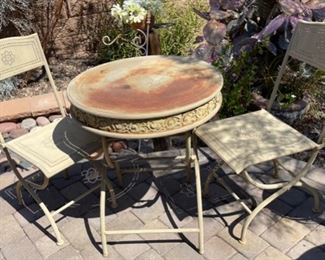 Vintage Punched Metal Folding Bistro Set Table  2 Chairs	29x26	
