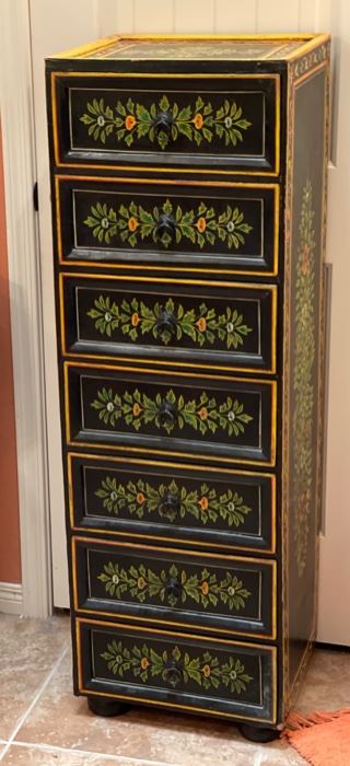 7 Drawer Hand Painted Slender Cabinet	49x16x13.5in	HxWxD
