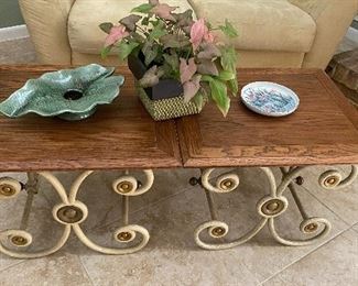 Pair nice heavy iron and oak side tables, real plant , Japanese pottery