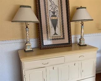 Buffet, neo-Classical style lamps & art print 