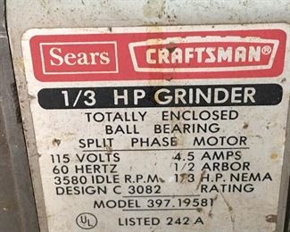 1/3 Hp Grinder Sears/Craftsman