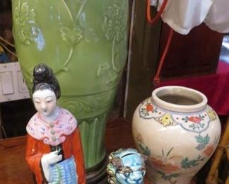 Beautiful celadon lamp by Warren Kessler and Chinese and Japanese porcelain figures and urns