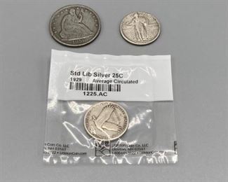 1858 Seated Liberty Half Dollar, 1918S Standing Liberty Quarter, 1929 Standing Liberty Quarter
