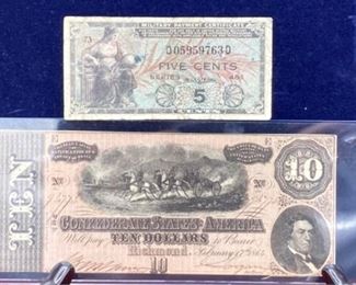 Confederate $10 Note and Series 481 Military Payment Certificate