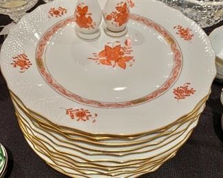Herend "Chinese Bouquet" rust; dinner plates and salt and pepper shakers