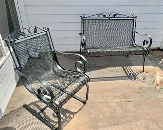 Set of 2 wrought iron rockers and bench