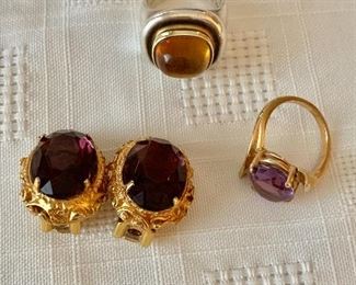 Fashion earrings (left); Tiffany Cabochon ring (center); 14K ring (right)