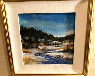 James Roybal, New Mexico scene with stream runnun* through, 9.5x9.5” plus framing.