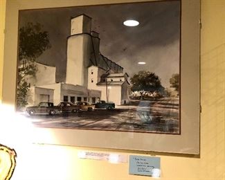 Jack Stout, watercolor, 21x28.5” plus framing. Kansas street scene with silos in back. Reminds me of Muleshoe, TX.  