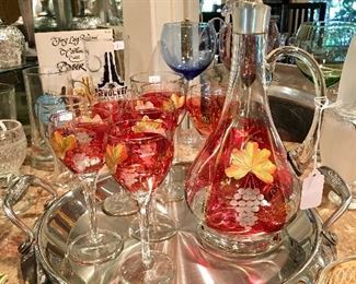 Ruby flash Czech glass decanter and glasses. 
