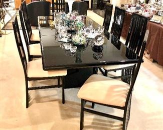 Modern black lacquer dining table with 8 upholstered chairs possibly Cantoni