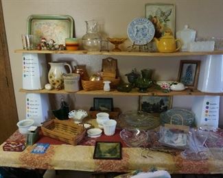 Longaberger baskets, milk glass, platters, decor, Frankoma tea pot, pottery