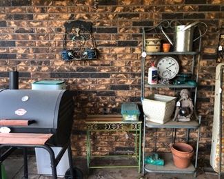 charcoal grill, plant stand, bakers rack, decor, flower pots
