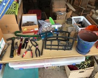 hand tools, flower pots, misc