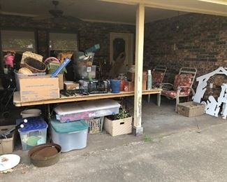 tubs of floral and Christmas, tools, baskets, patio items