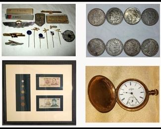 Airline Pins, Antique Silver Dollars, Framed Chilean Money and Elgin Antique Pocket Watch  