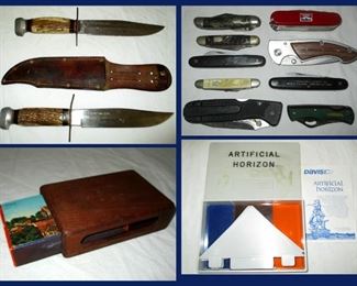 Bowie Knives, Pocket Knives including a SOG Knife with Auto Clip, Large Wooden Match Box Holder and Artificial Horizon with Directions 